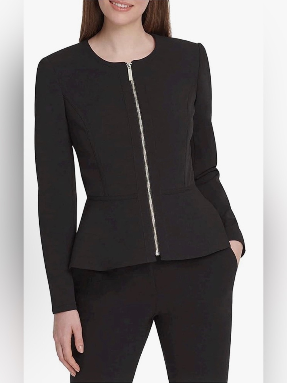 DKNY Women's Peplum Long Sleeve Zip Front Blazer Dress Jacket Black